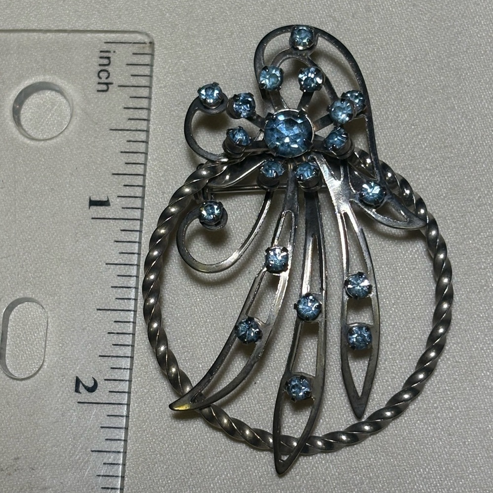 Vtg Fancy Silver Light Blue Rhinestone Brooch - Picture 5 of 5